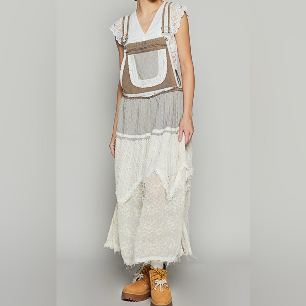 POL Mixed-Neutral Layered Maxi Dress in Cream and Brown